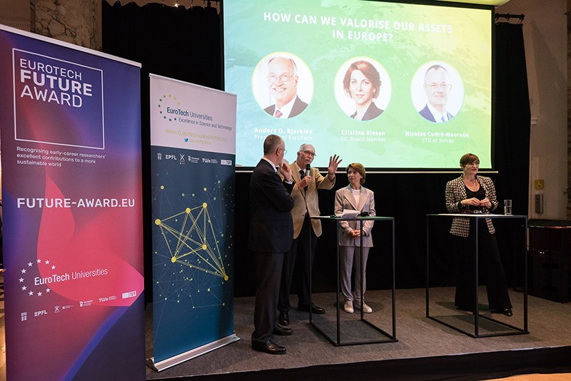 Panel discussion at EuroTech Summer Reception, with Nicolas Cudré-Mauroux (CTO of Solvay), Anders O. Bjarklev (DTU and EuroTech President), Cristina Riesen (EIC Board Member and Founder of Educreators) and moderator Katrina Sichel